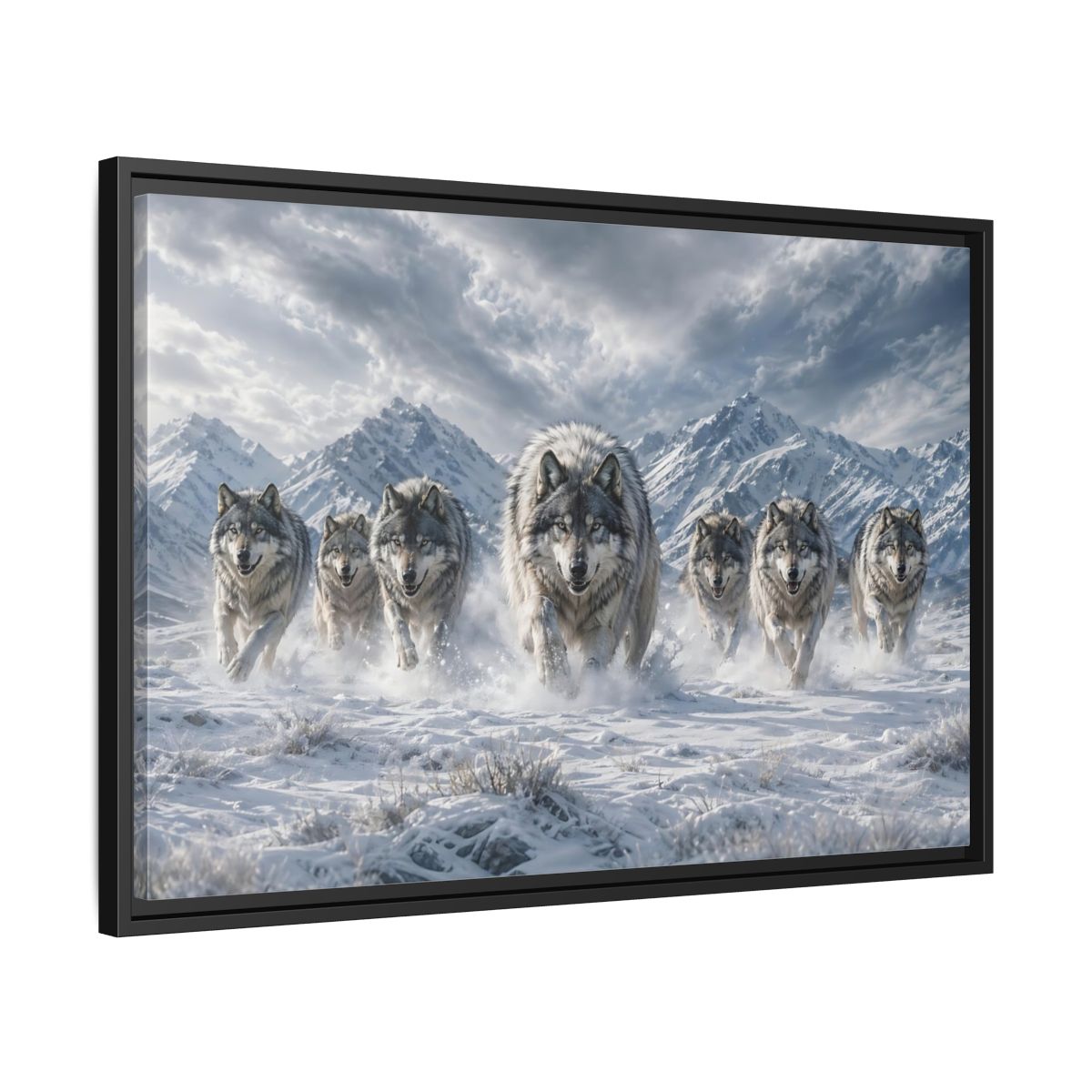 Side Mockup 14. Animals Wolves Grey Wolves shown as stretched canvas wall art