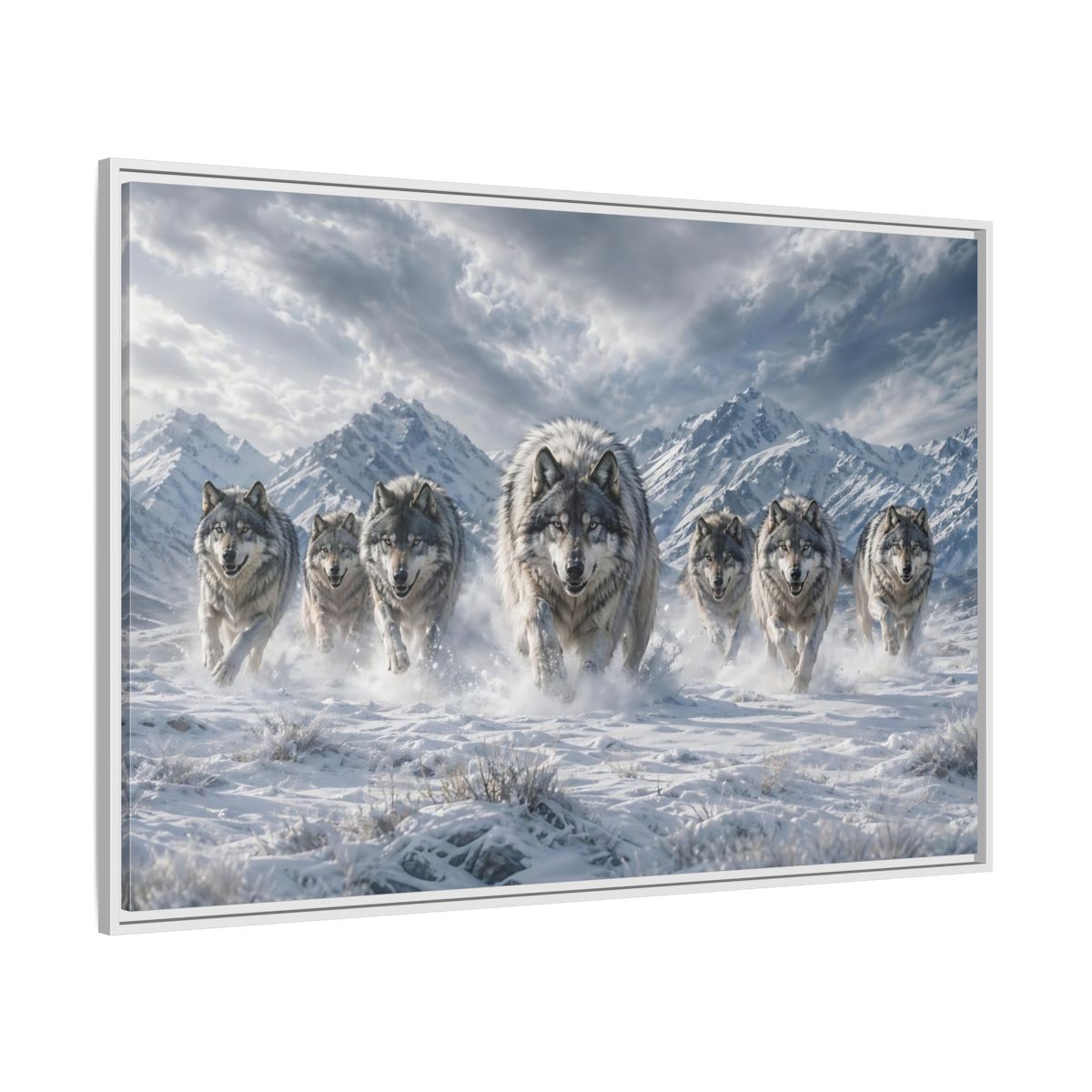 Side Mockup 7. Animals Wolves Grey Wolves shown as stretched canvas wall art