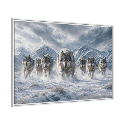 Side Mockup 7. Animals Wolves Grey Wolves shown as stretched canvas wall art