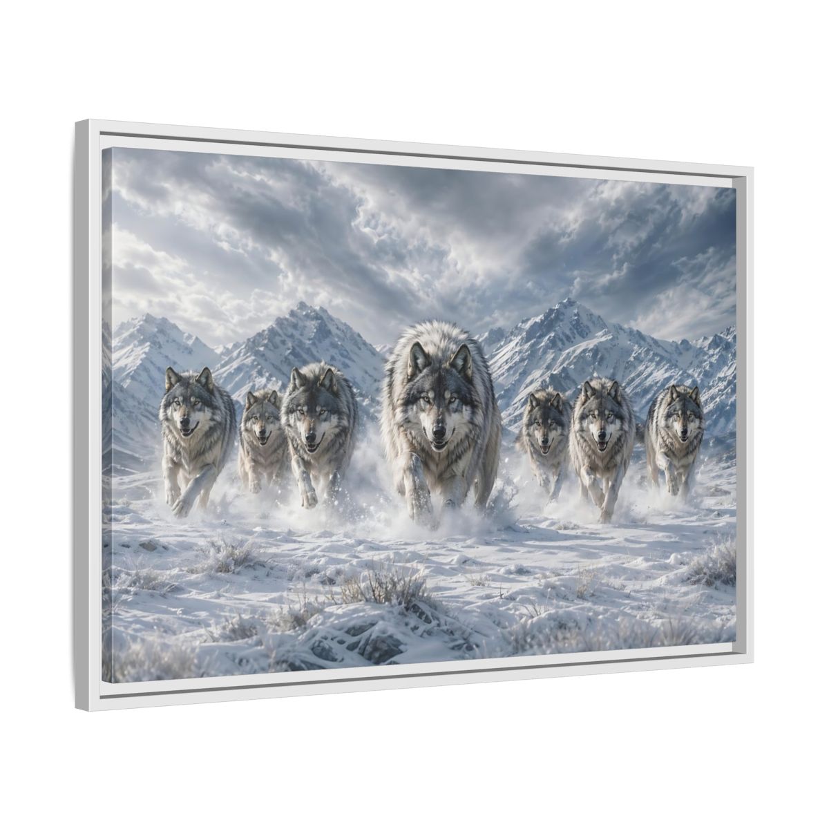 Side Mockup 10. Animals Wolves Grey Wolves shown as stretched canvas wall art