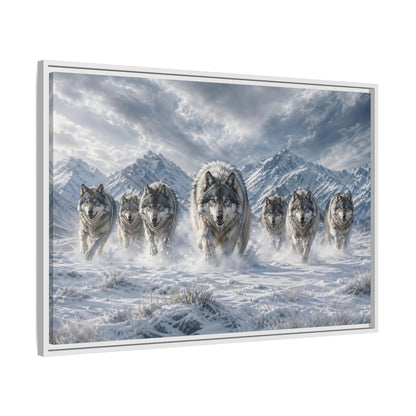 Side Mockup 9. Animals Wolves Grey Wolves shown as stretched canvas wall art
