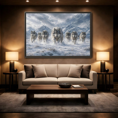 Mockup 2. Animals Wolves Grey Wolves shown as stretched canvas wall art