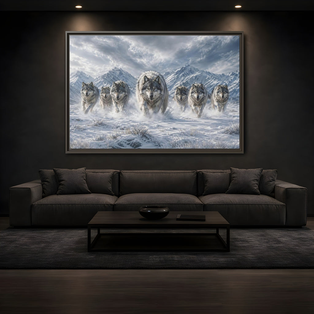 Mockup 3. Animals Wolves Grey Wolves shown as stretched canvas wall art