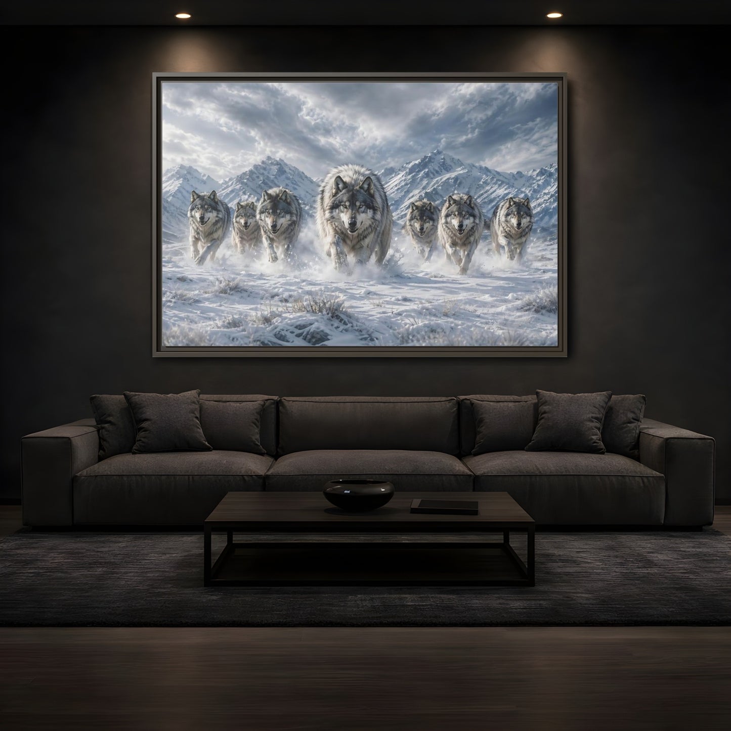 Mockup 3. Animals Wolves Grey Wolves shown as stretched canvas wall art