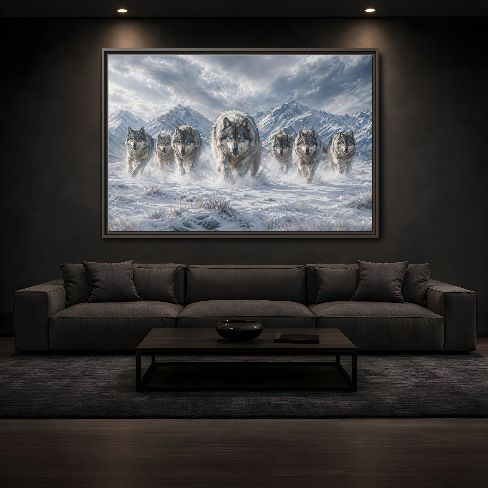 Mockup 3. Animals Wolves Grey Wolves shown as stretched canvas wall art