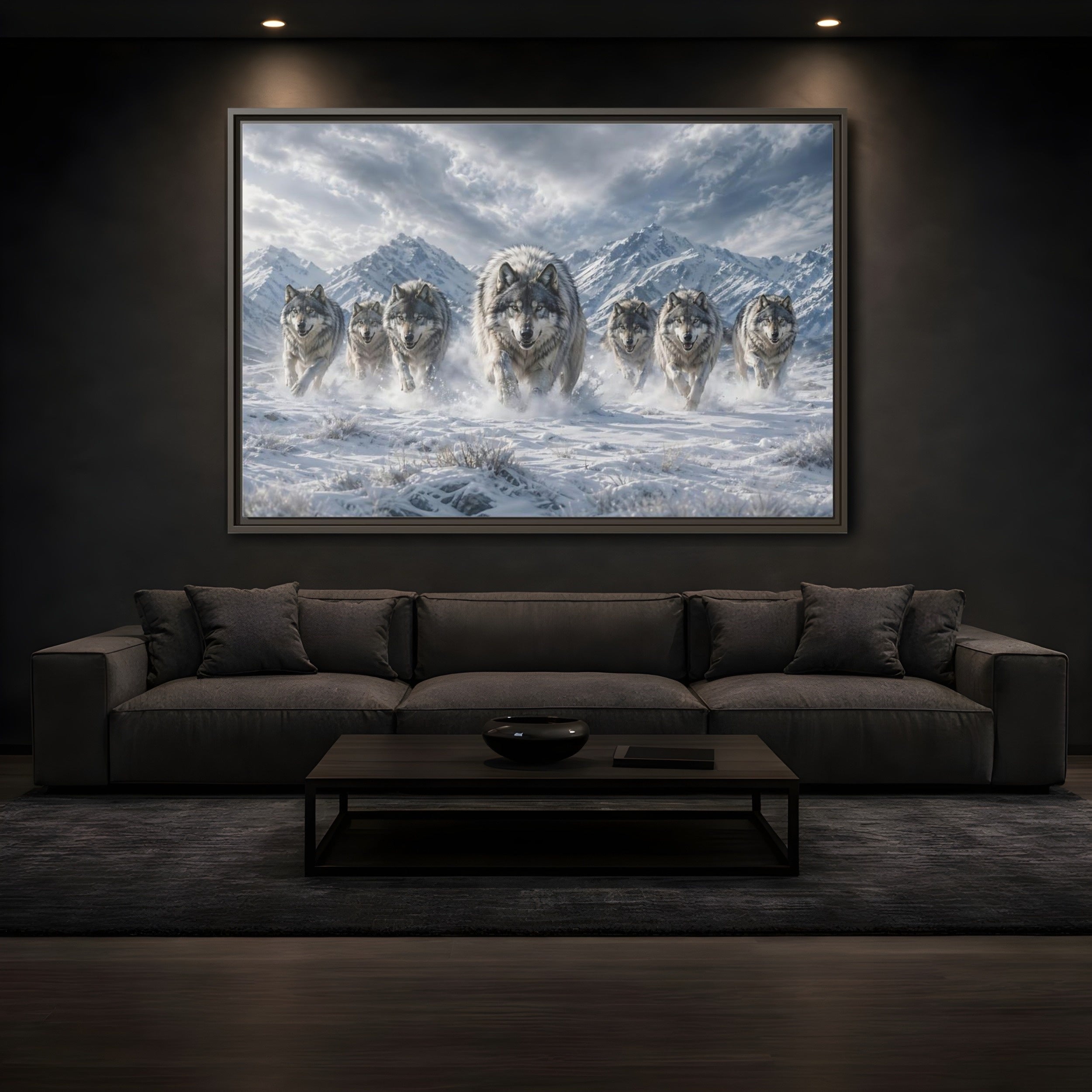 Mockup 3. Animals Wolves Grey Wolves shown as stretched canvas wall art