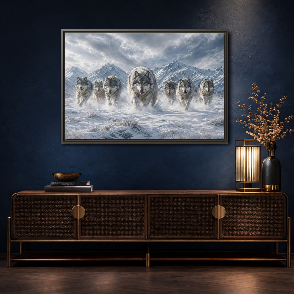 Mockup 4. Animals Wolves Grey Wolves shown as stretched canvas wall art