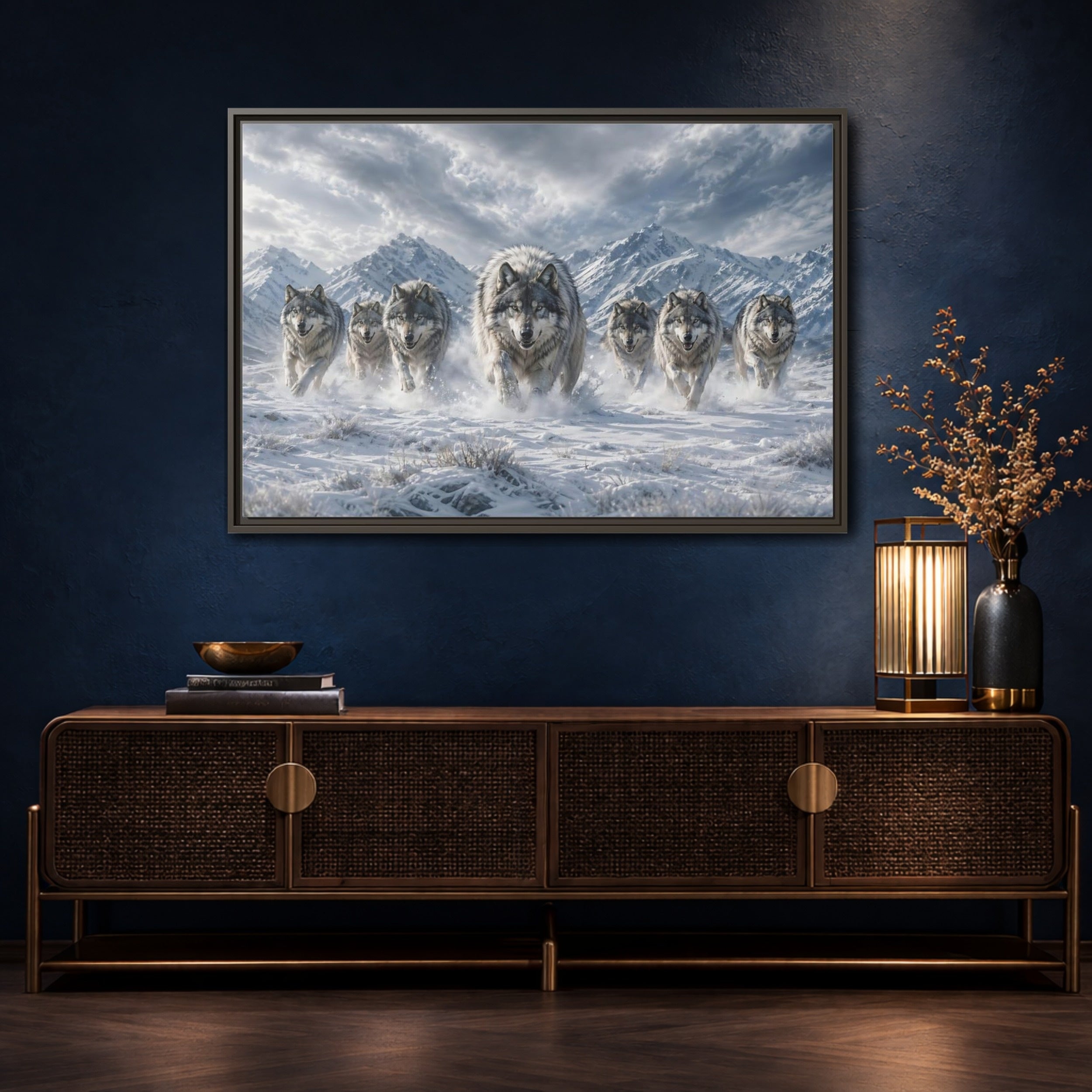 Mockup 4. Animals Wolves Grey Wolves shown as stretched canvas wall art