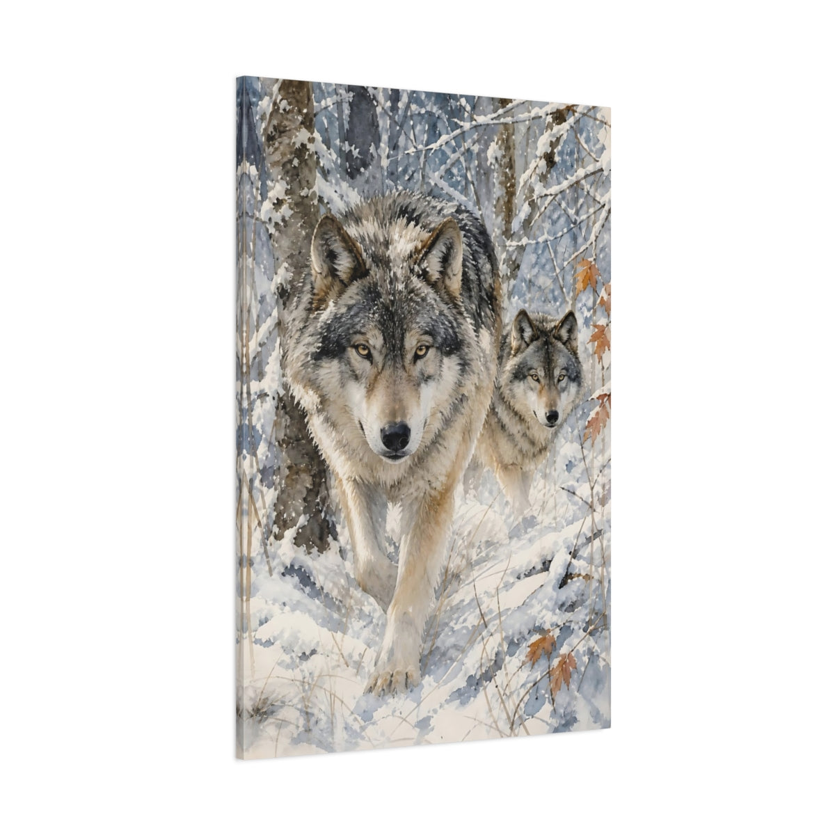 Side Mockup 1. Animals Wolves Winter Wolves shown as stretched canvas wall art