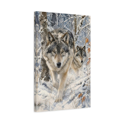 Side Mockup 3. Animals Wolves Winter Wolves shown as stretched canvas wall art