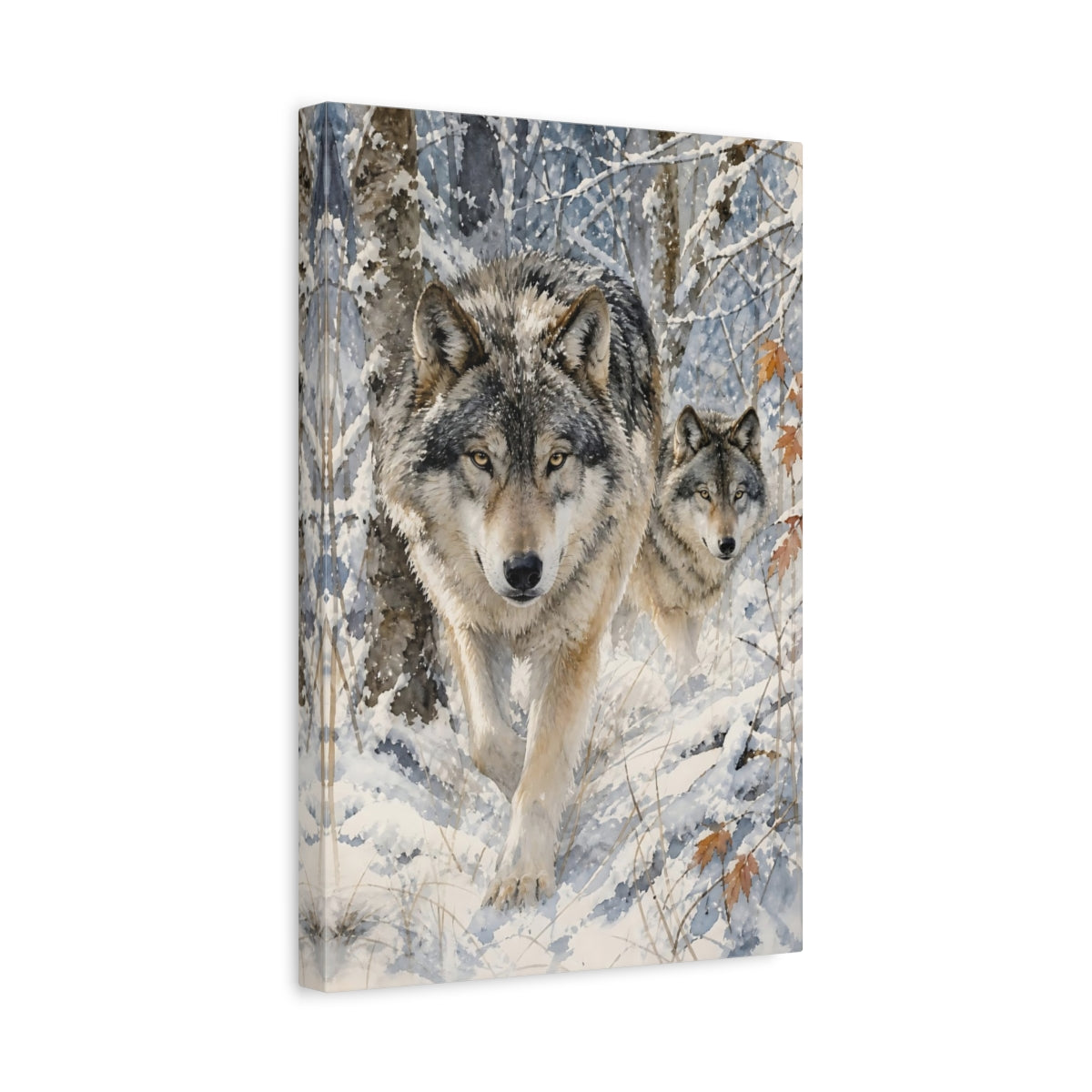 Side Mockup 4. Animals Wolves Winter Wolves shown as stretched canvas wall art