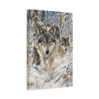Side Mockup 4. Animals Wolves Winter Wolves shown as stretched canvas wall art