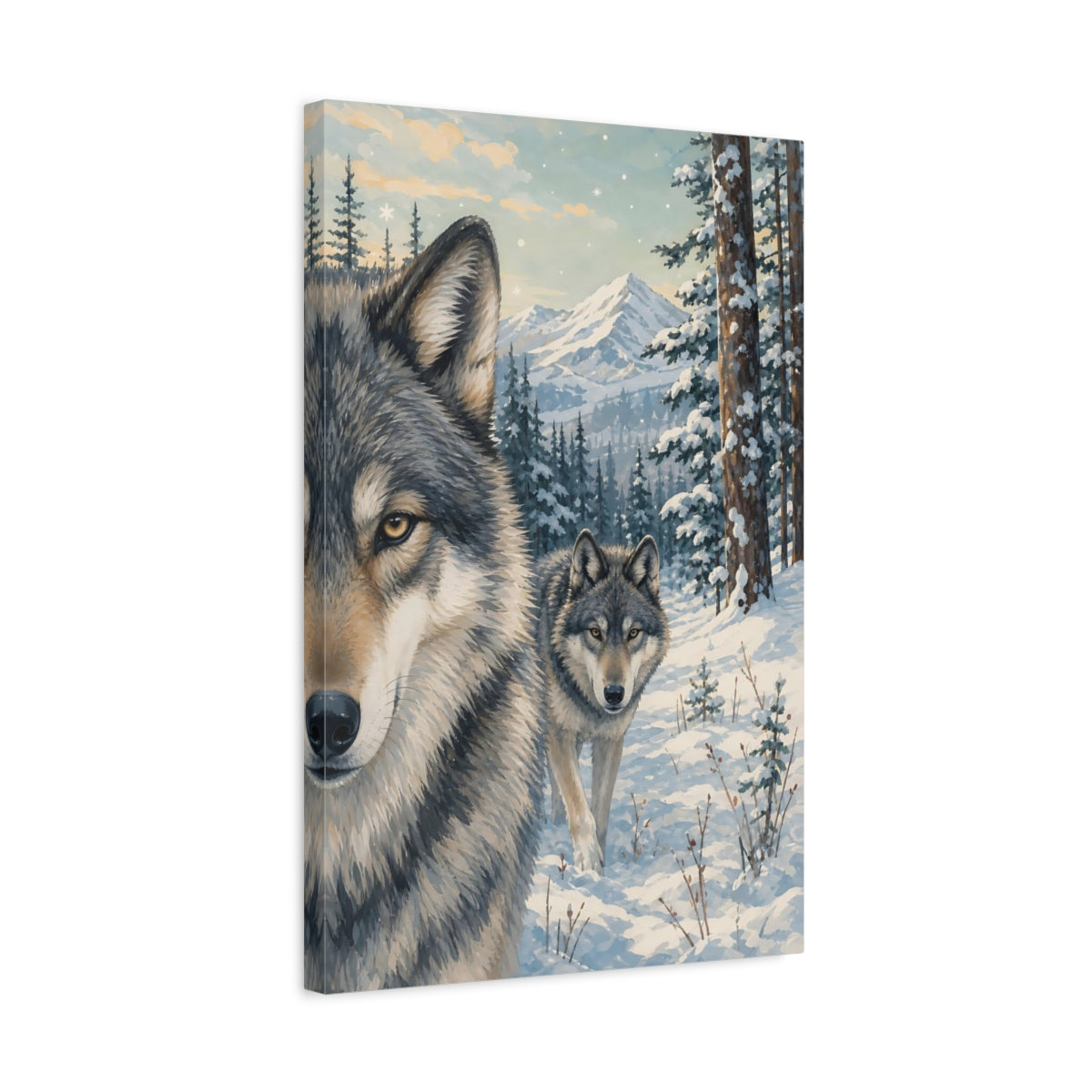 Side Mockup 3. Animals Wolves Winter Wolves shown as stretched canvas wall art