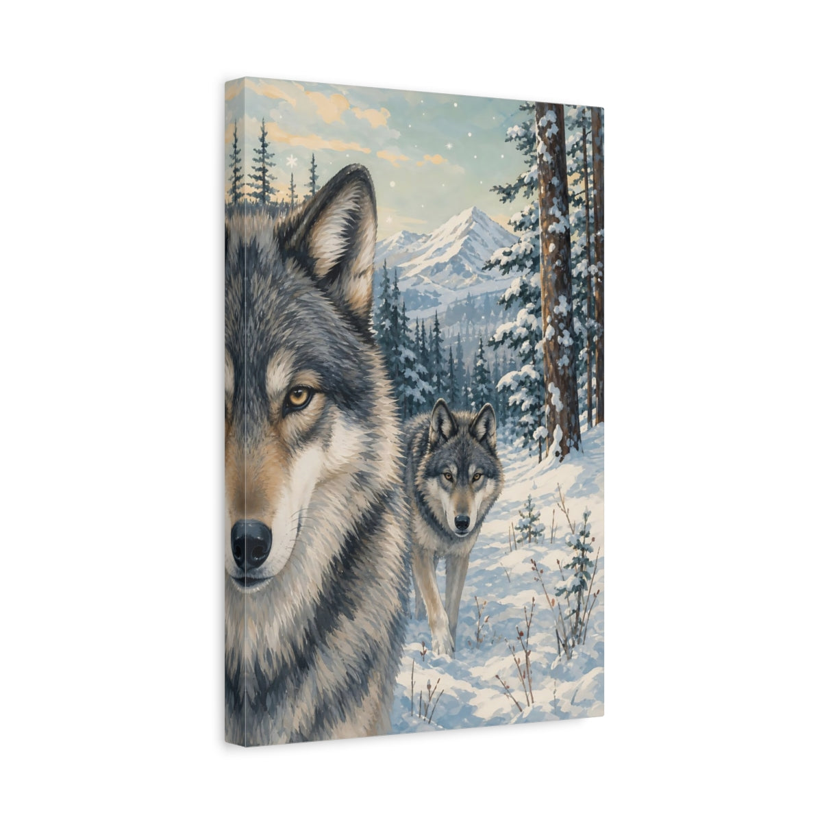 Side Mockup 4. Animals Wolves Winter Wolves shown as stretched canvas wall art
