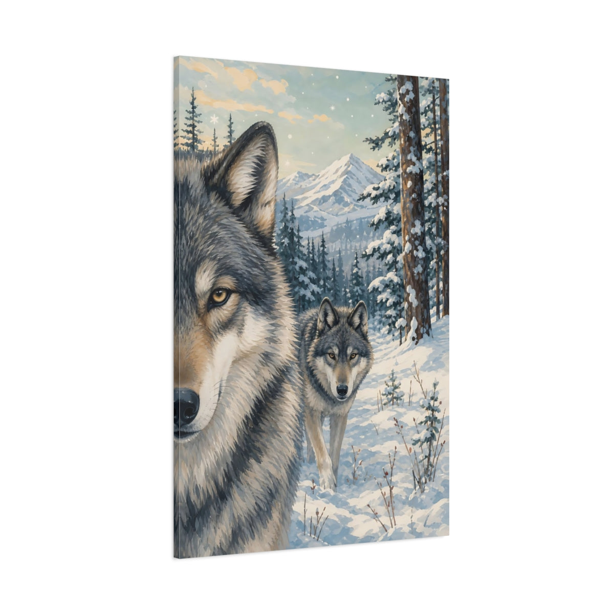Side Mockup 1. Animals Wolves Winter Wolves shown as stretched canvas wall art