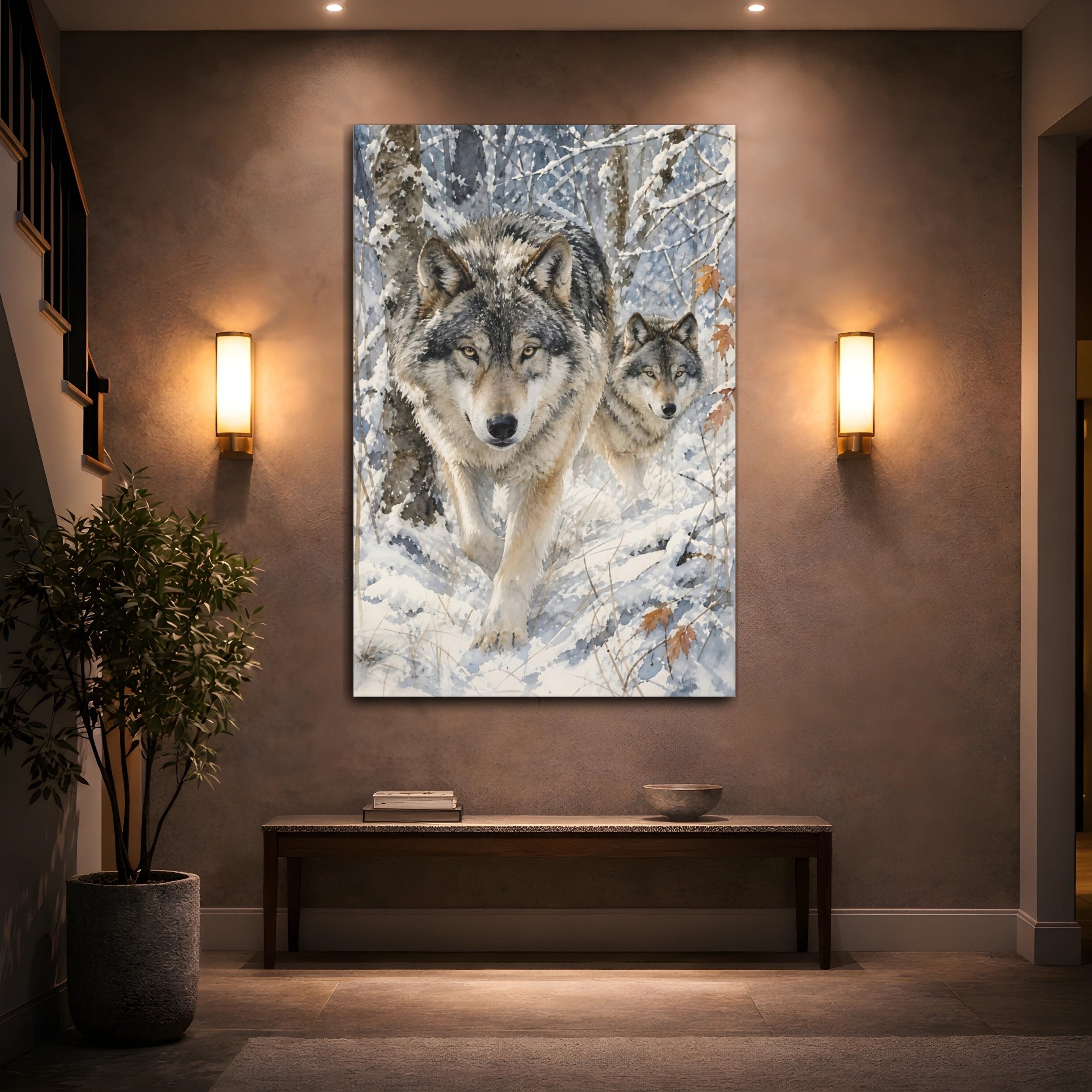 Mockup 2. Animals Wolves Winter Wolves shown as stretched canvas wall art