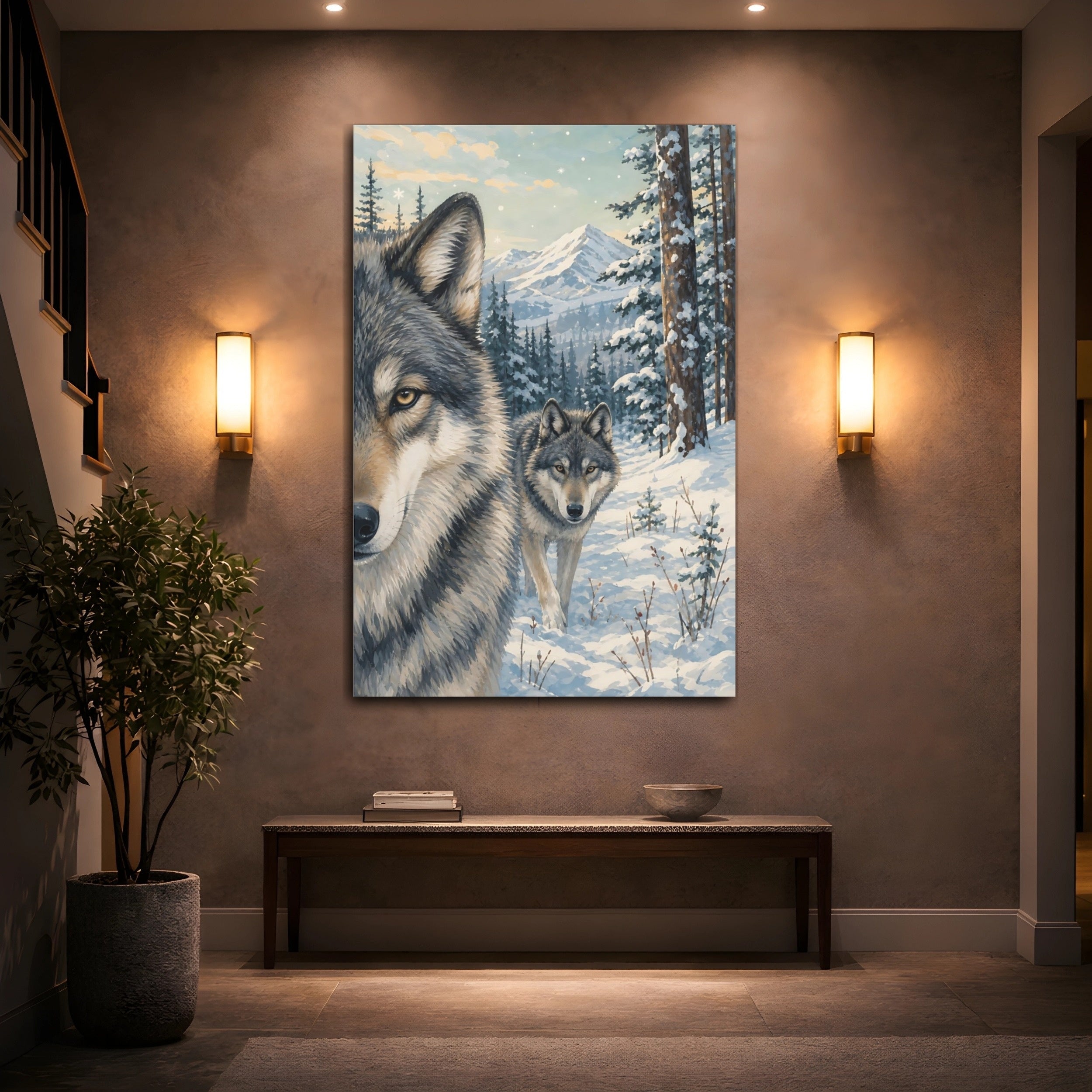 Mockup 2. Animals Wolves Winter Wolves shown as stretched canvas wall art