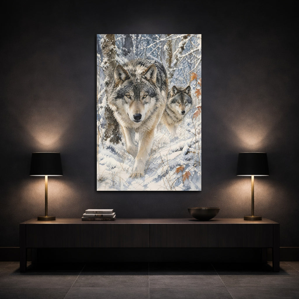 Mockup 3. Animals Wolves Winter Wolves shown as stretched canvas wall art