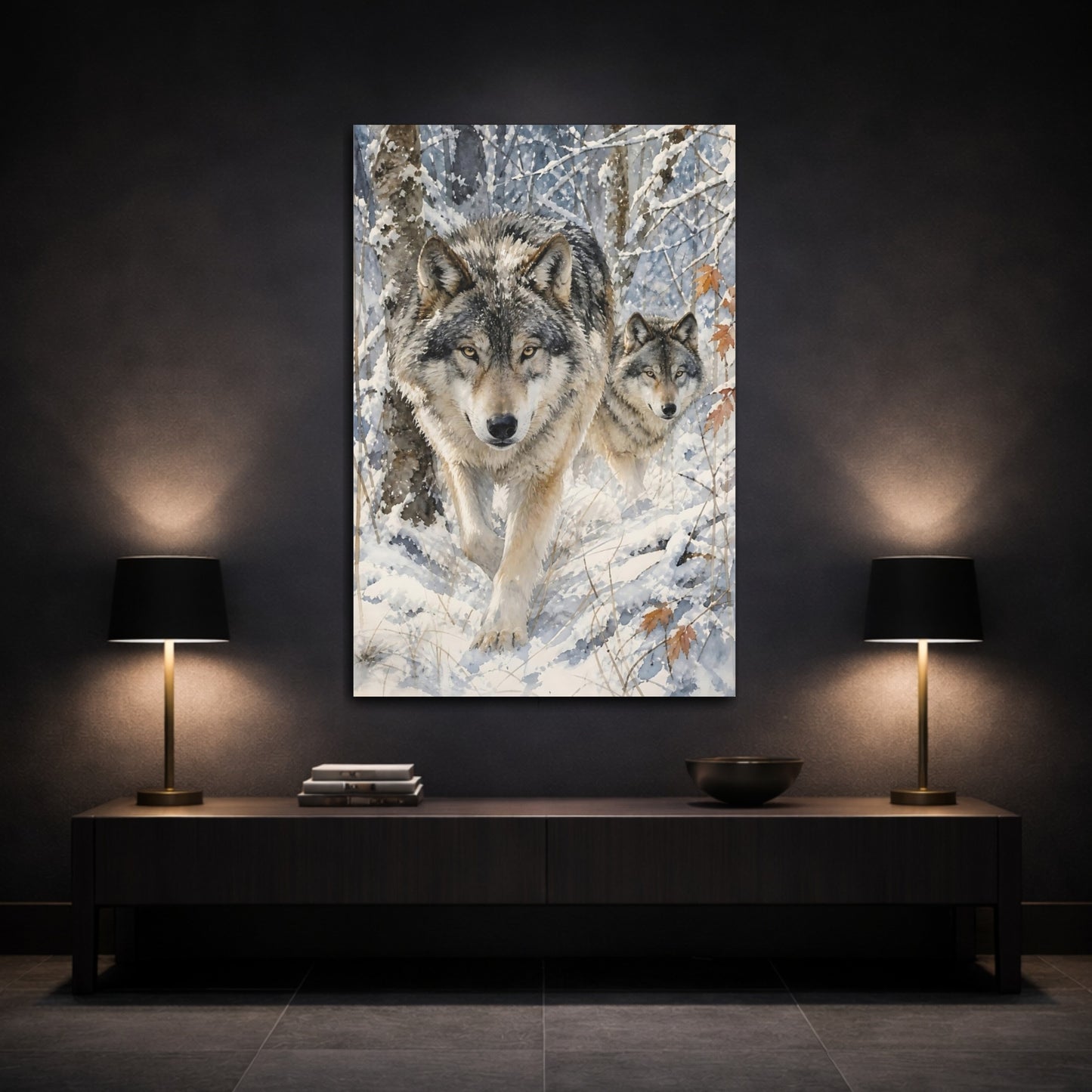Mockup 3. Animals Wolves Winter Wolves shown as stretched canvas wall art