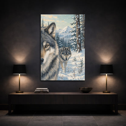 Mockup 3. Animals Wolves Winter Wolves shown as stretched canvas wall art