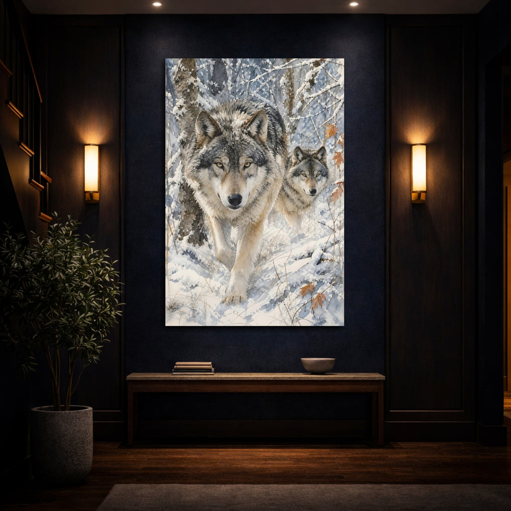Mockup 4. Animals Wolves Winter Wolves shown as stretched canvas wall art