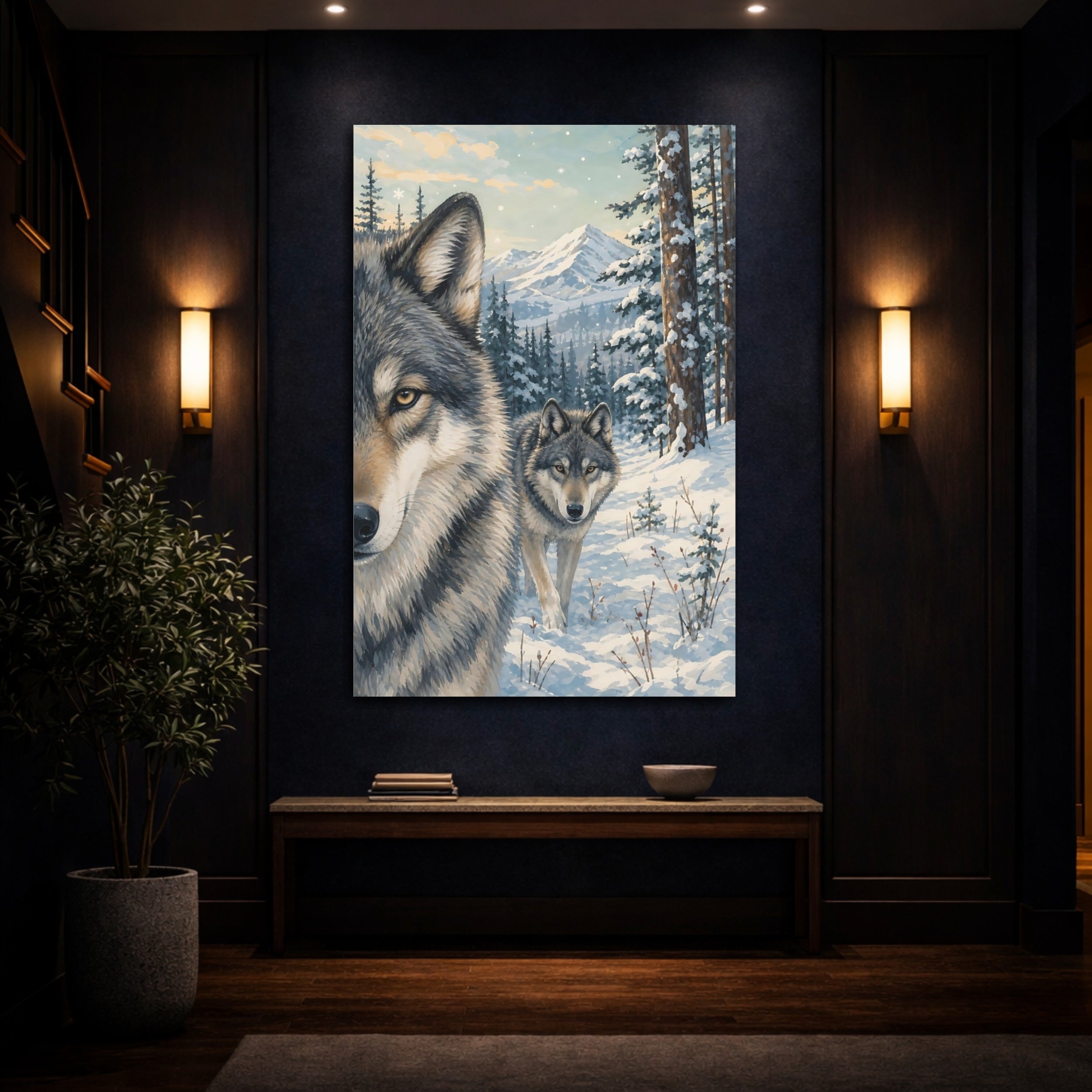 Mockup 4. Animals Wolves Winter Wolves shown as stretched canvas wall art