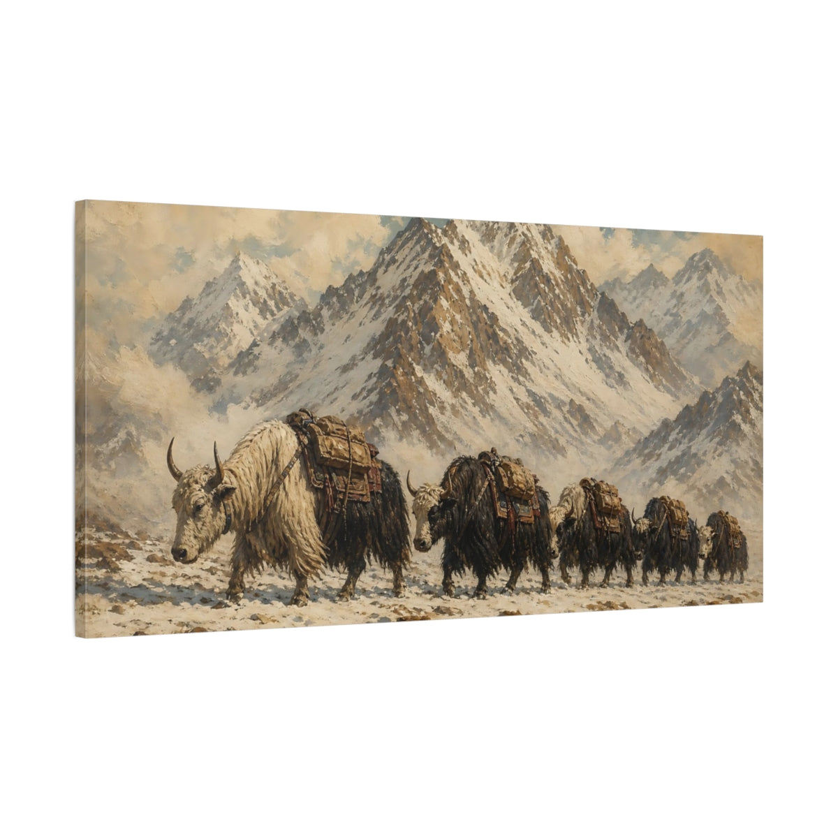 Main Mockup. Animals Yaks Brown And White shown as stretched canvas wall art