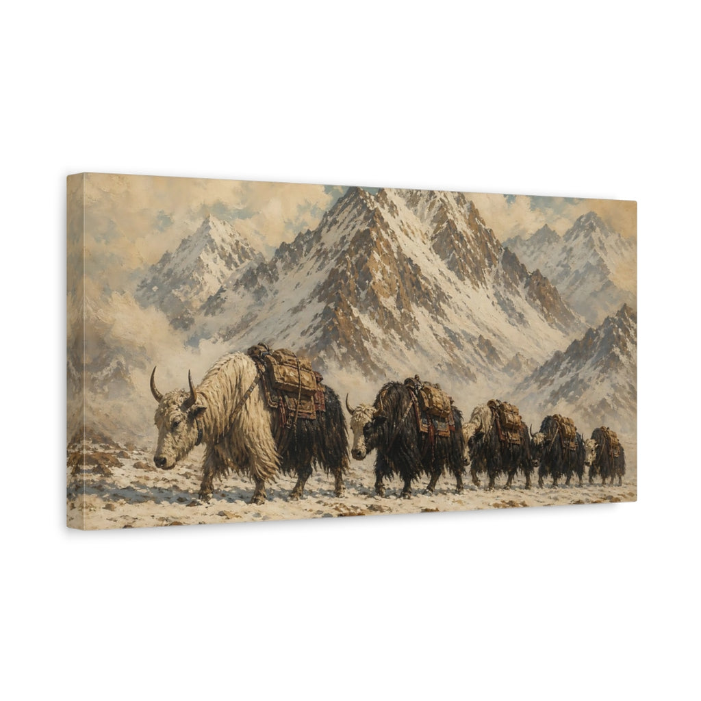 Side Mockup 3. Animals Yaks Brown And White shown as stretched canvas wall art