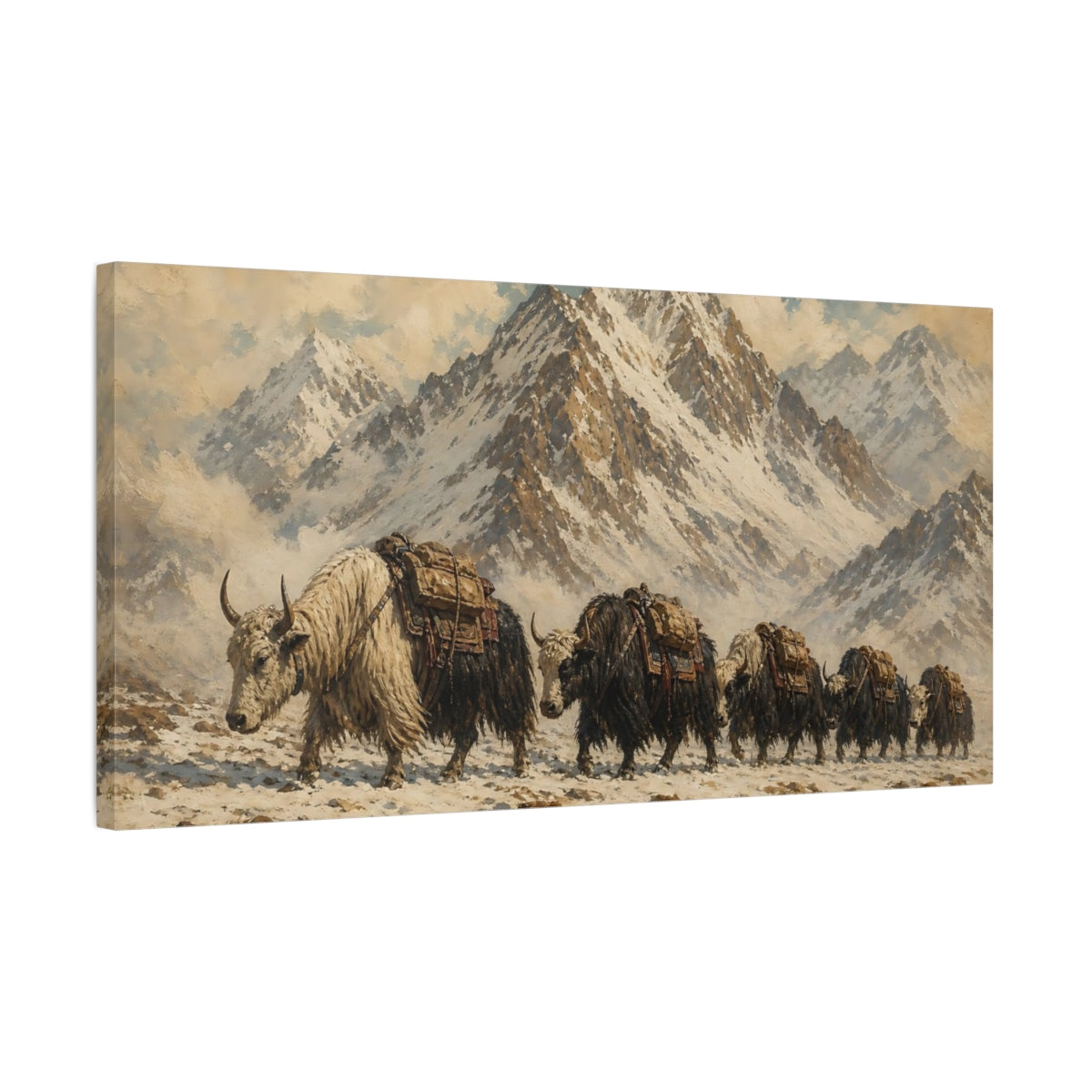Side Mockup 1. Animals Yaks Brown And White shown as stretched canvas wall art