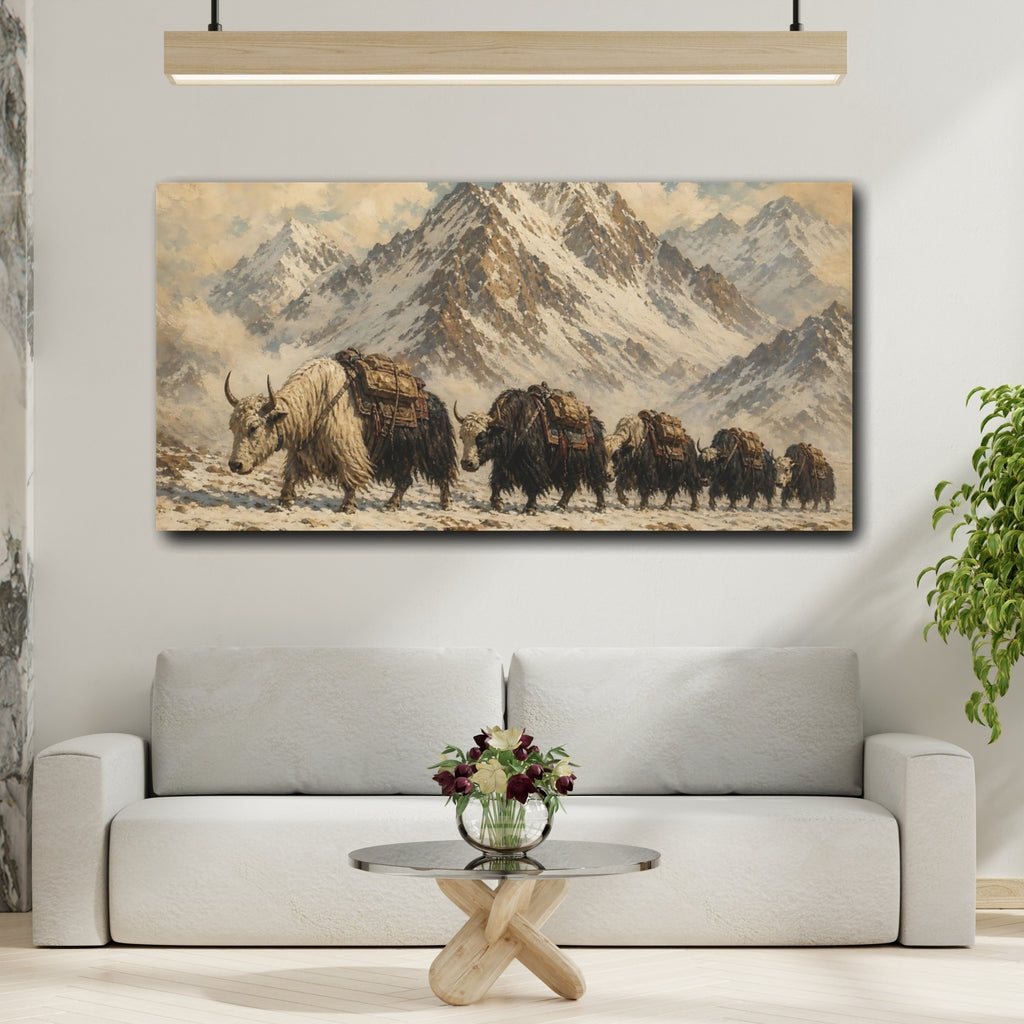 Mockup 2. Animals Yaks Brown And White shown as stretched canvas wall art