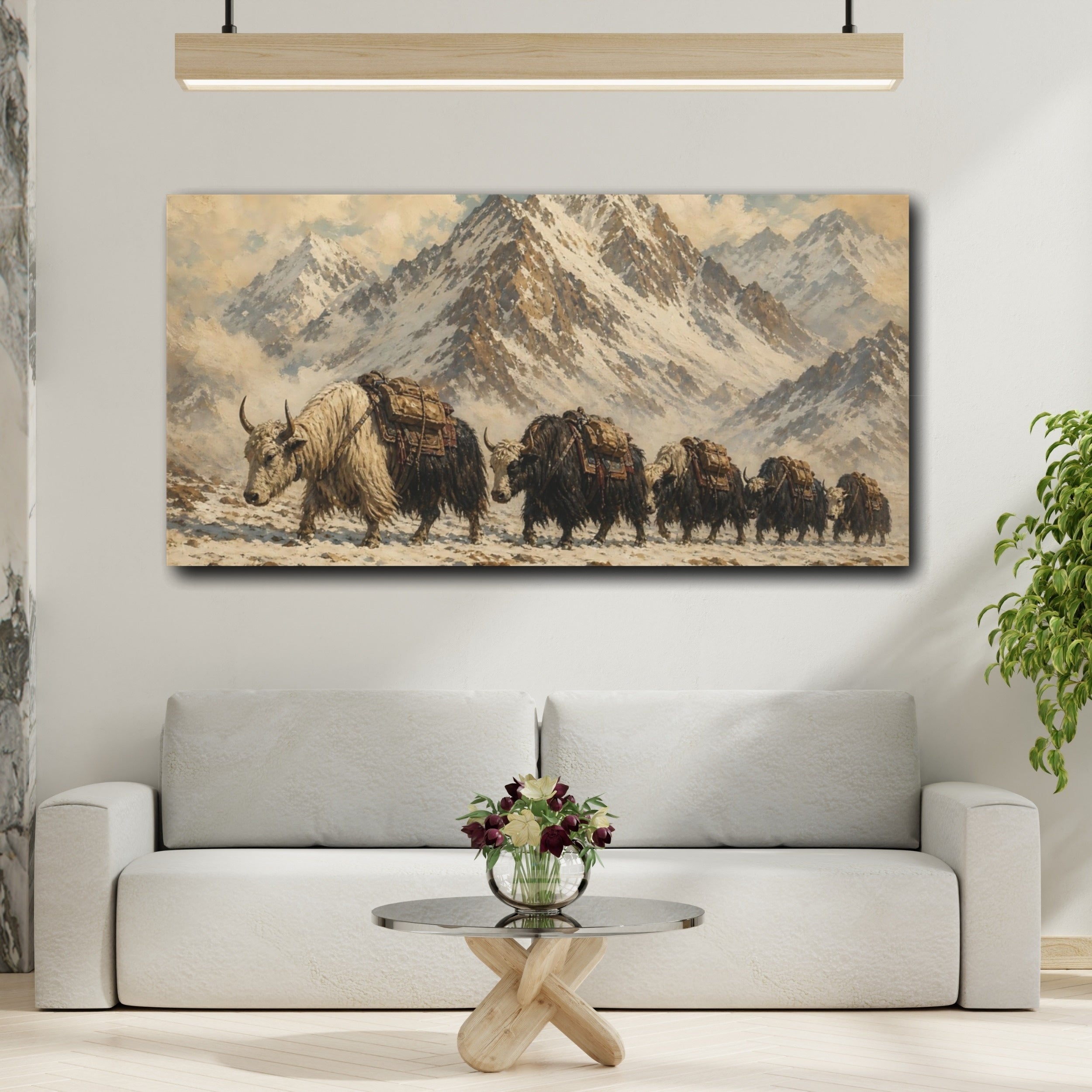 Mockup 2. Animals Yaks Brown And White shown as stretched canvas wall art