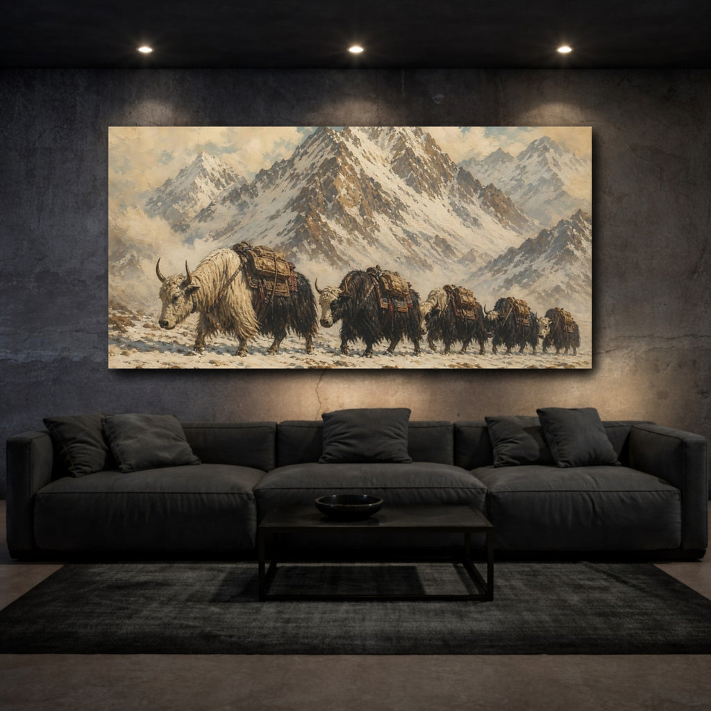 Mockup 3. Animals Yaks Brown And White shown as stretched canvas wall art