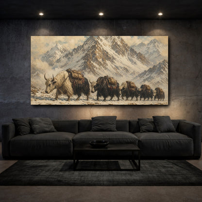 Mockup 3. Animals Yaks Brown And White shown as stretched canvas wall art