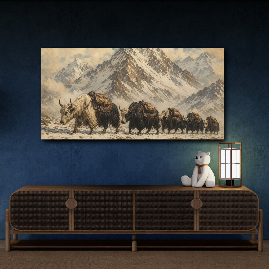 Mockup 4. Animals Yaks Brown And White shown as stretched canvas wall art