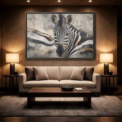 Mockup 2. Animals Zebra Black White Gold shown as stretched canvas wall art