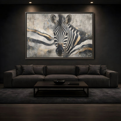 Mockup 3. Animals Zebra Black White Gold shown as stretched canvas wall art