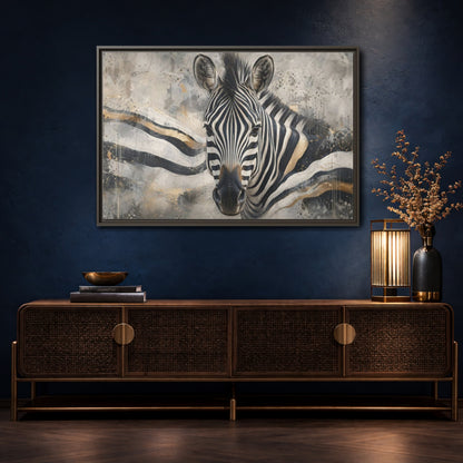 Mockup 4. Animals Zebra Black White Gold shown as stretched canvas wall art