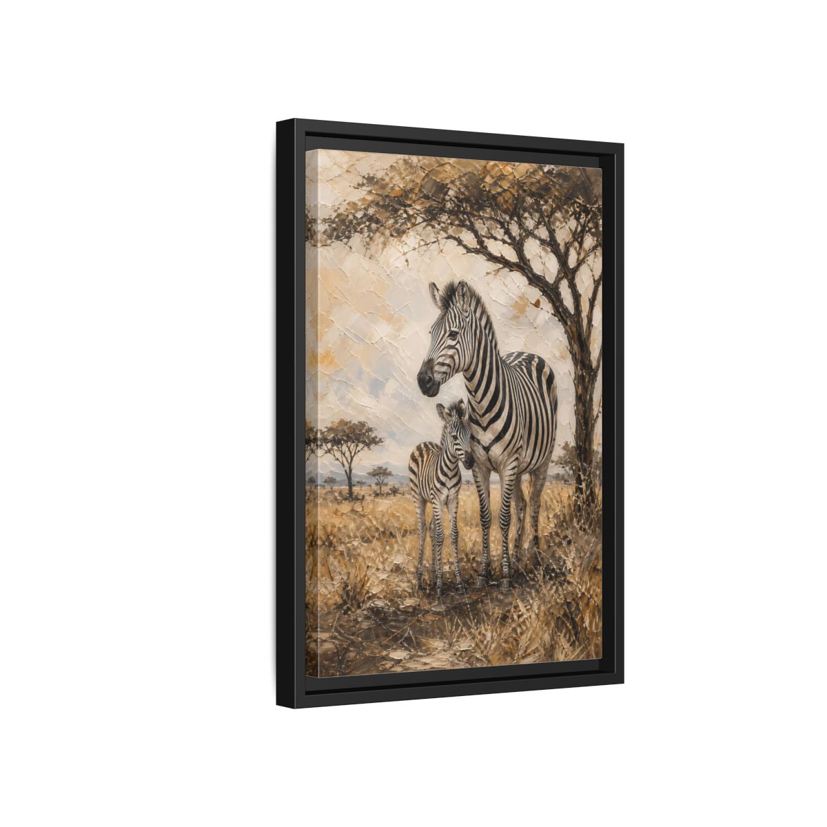 Side Mockup 6. Animals Zebra Family Brown And Beige Zebras shown as stretched canvas wall art
