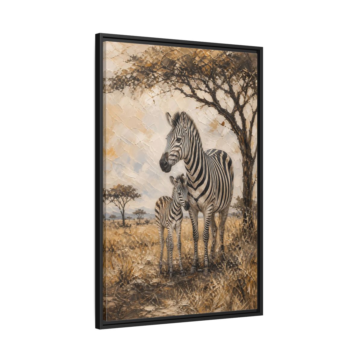 Side Mockup 13. Animals Zebra Family Brown And Beige Zebras shown as stretched canvas wall art