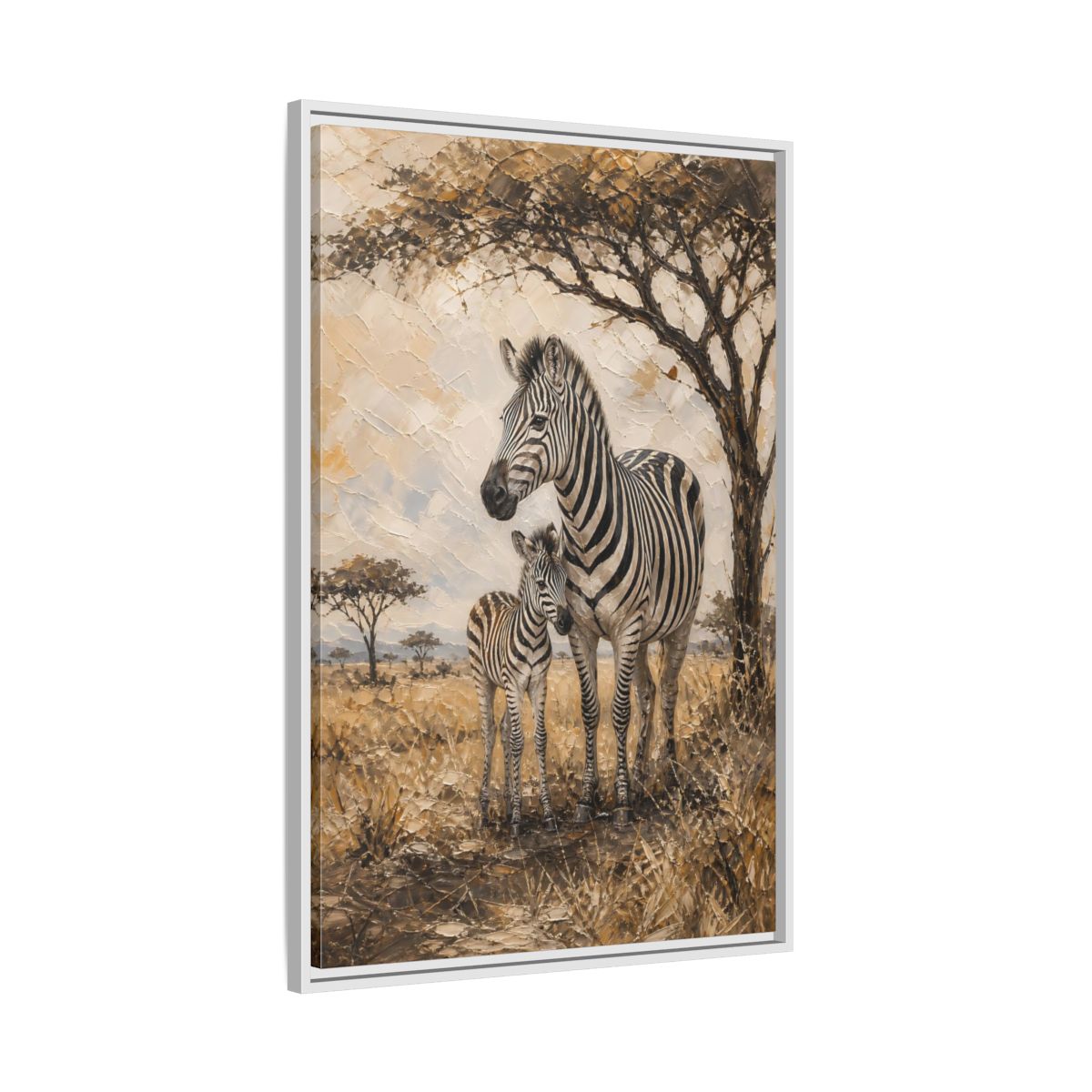 Side Mockup 9. Animals Zebra Family Brown And Beige Zebras shown as stretched canvas wall art