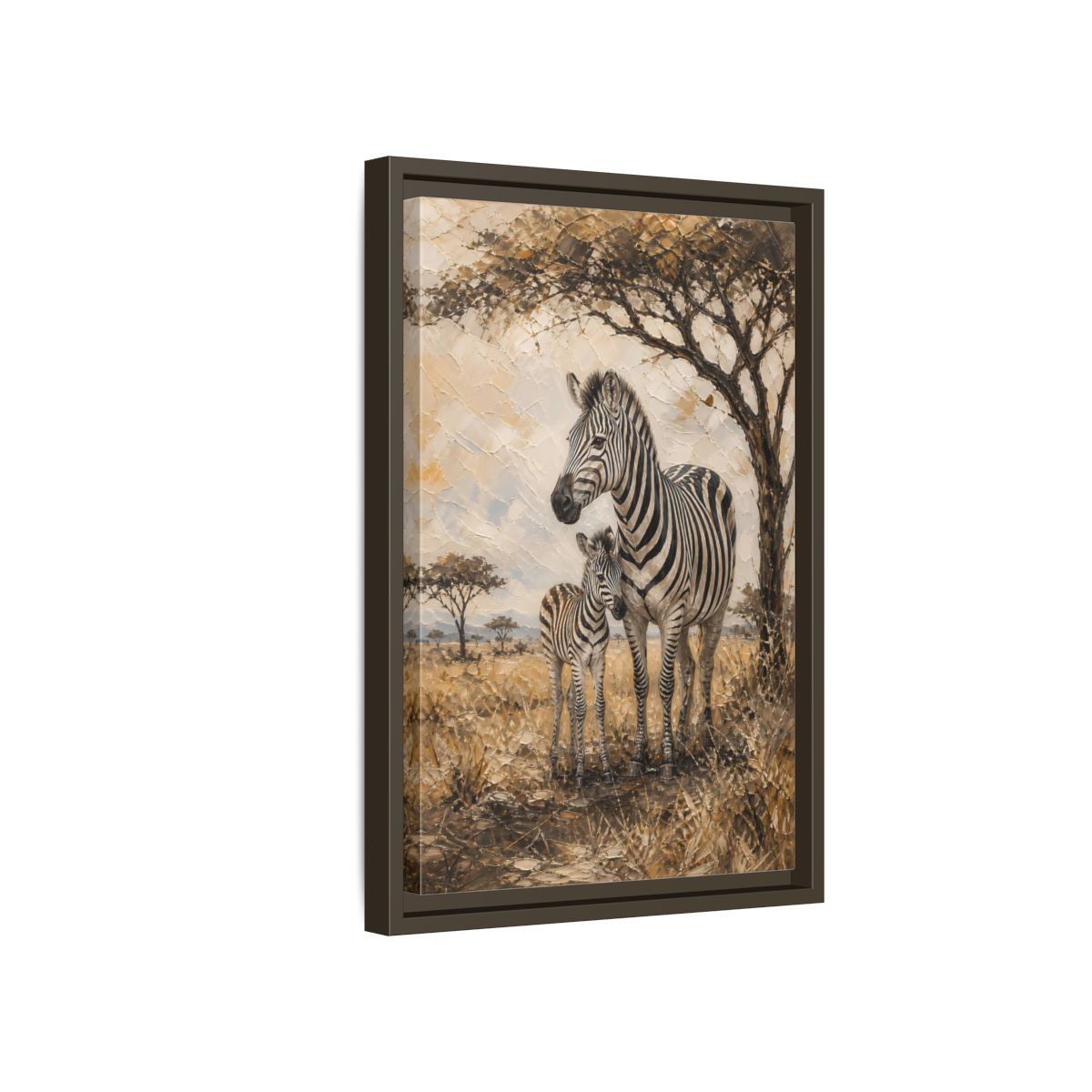 Side Mockup 5. Animals Zebra Family Brown And Beige Zebras shown as stretched canvas wall art