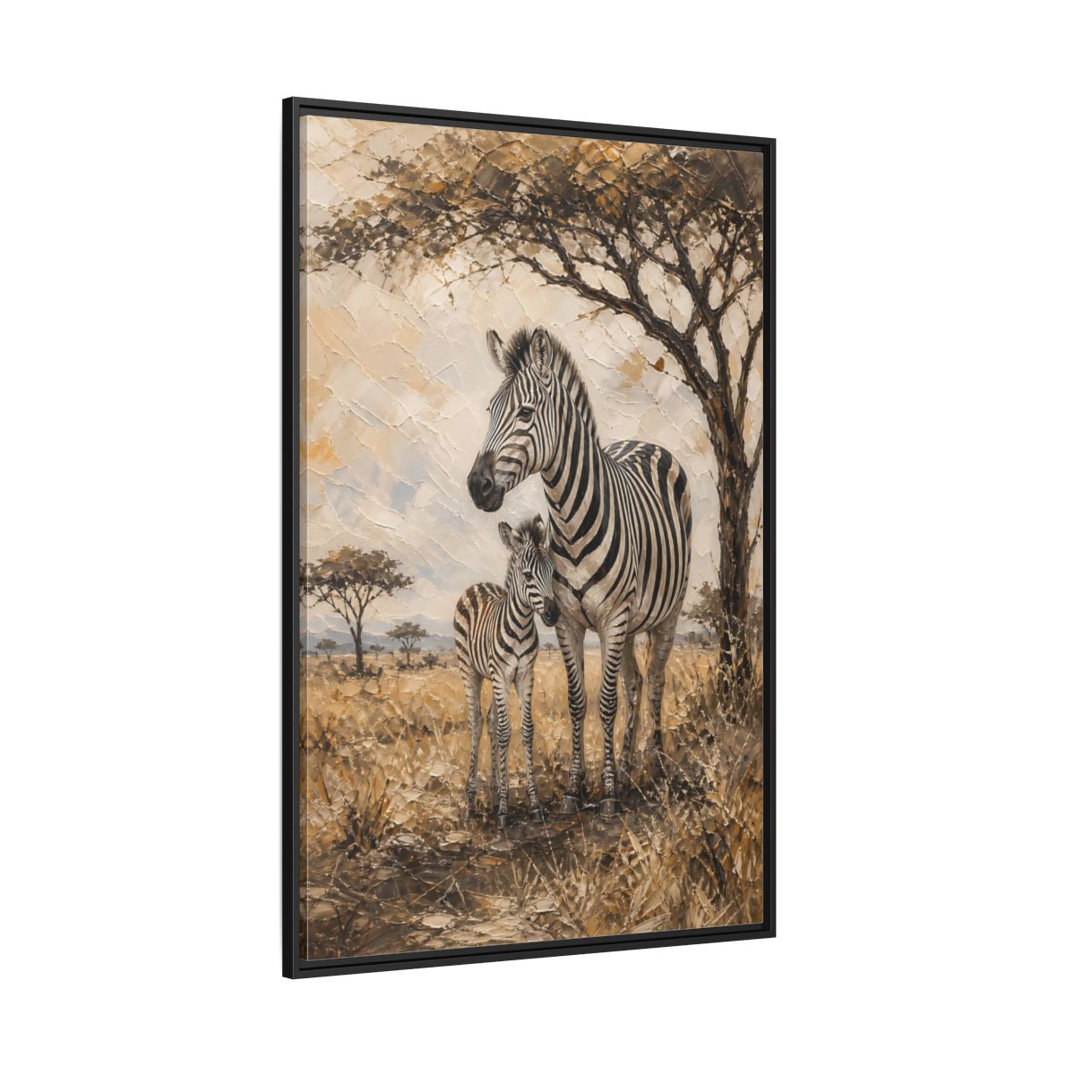 Side Mockup 12. Animals Zebra Family Brown And Beige Zebras shown as stretched canvas wall art