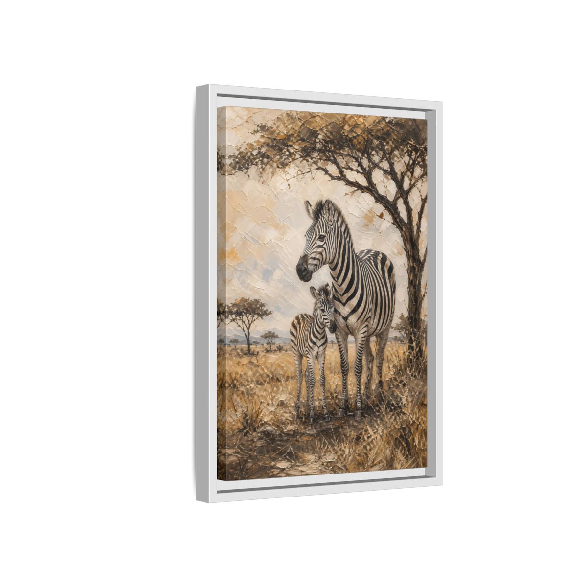 Side Mockup 4. Animals Zebra Family Brown And Beige Zebras shown as stretched canvas wall art