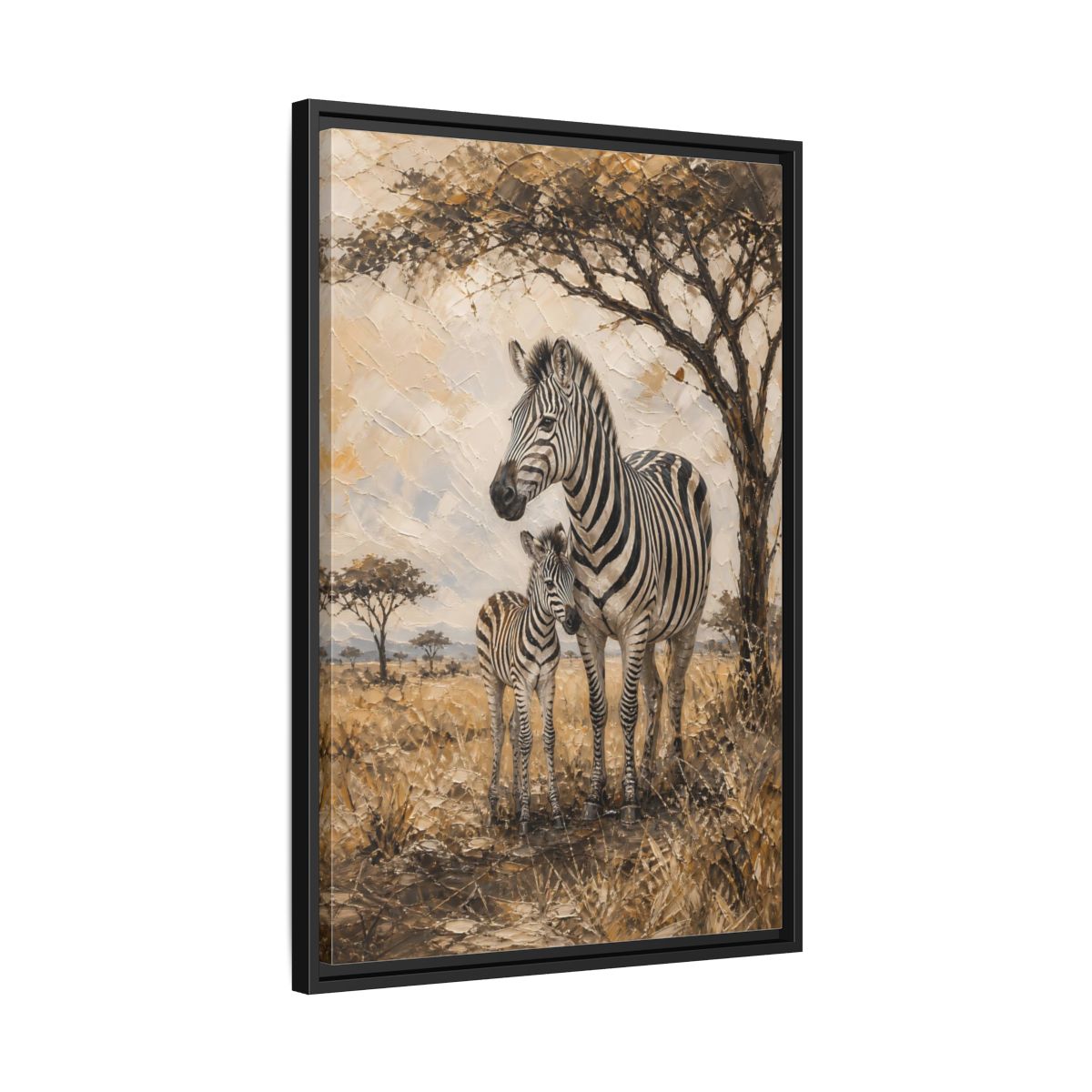 Side Mockup 14. Animals Zebra Family Brown And Beige Zebras shown as stretched canvas wall art