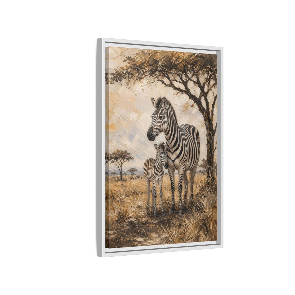 Side Mockup 1. Animals Zebra Family Brown And Beige Zebras shown as stretched canvas wall art