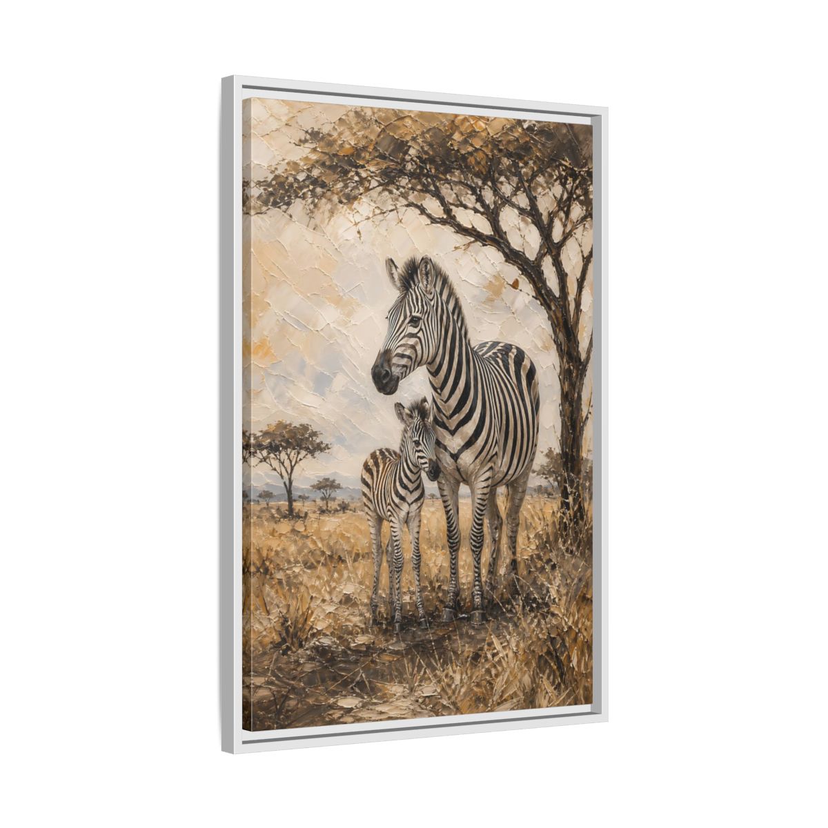 Side Mockup 10. Animals Zebra Family Brown And Beige Zebras shown as stretched canvas wall art