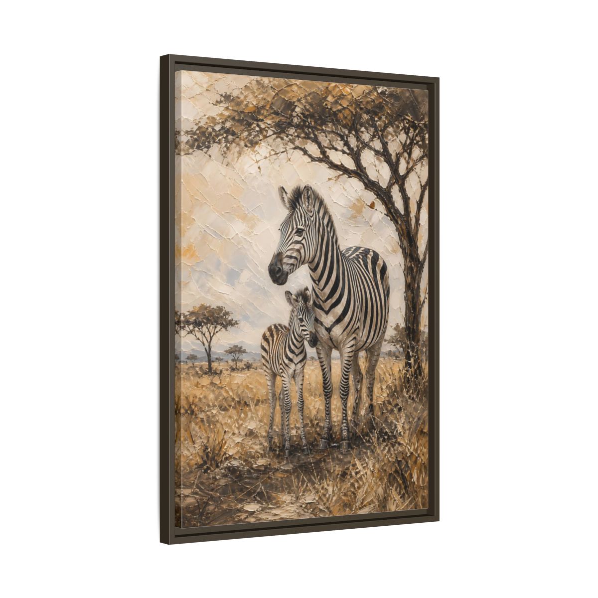 Side Mockup 11. Animals Zebra Family Brown And Beige Zebras shown as stretched canvas wall art