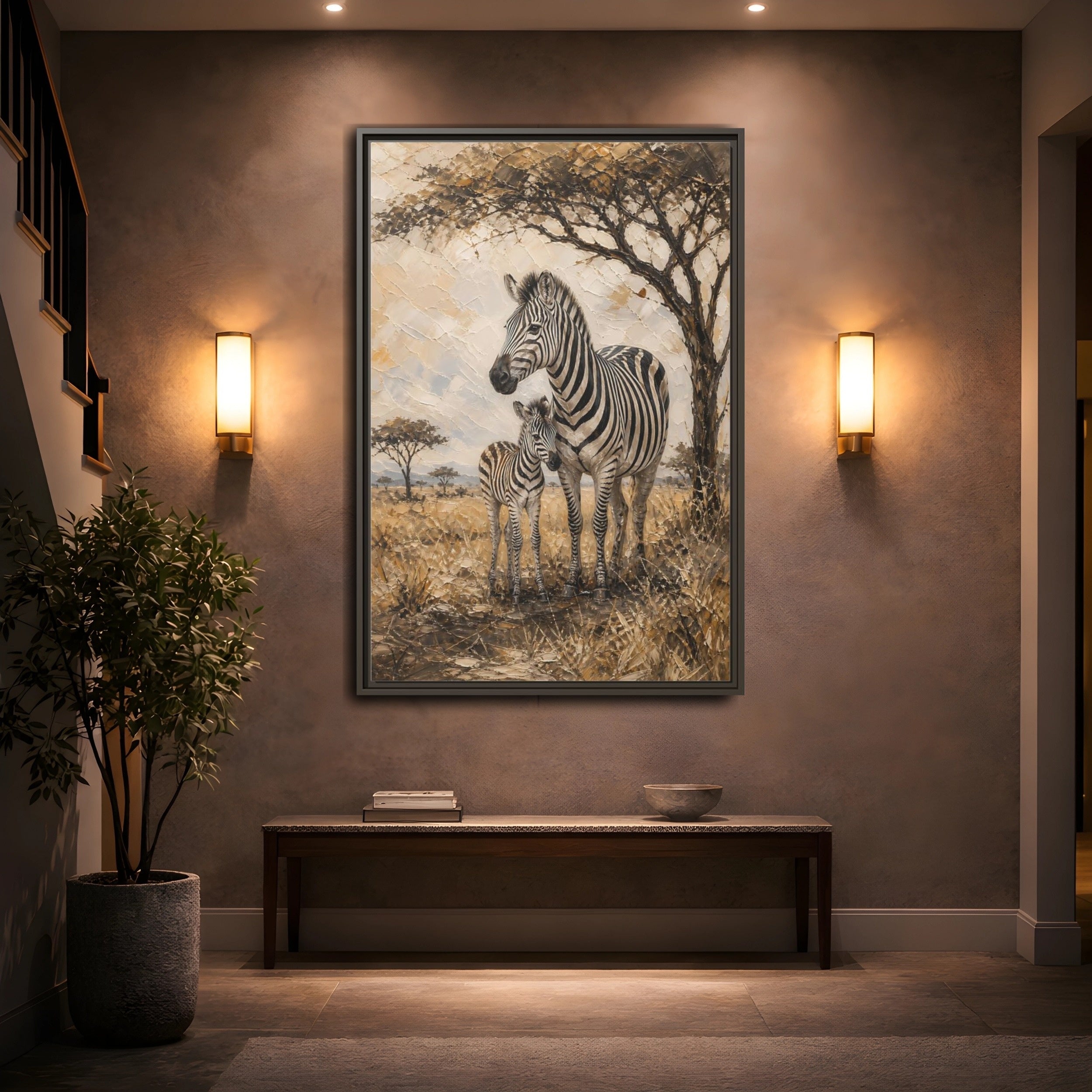 Mockup 2. Animals Zebra Family Brown And Beige Zebras shown as stretched canvas wall art