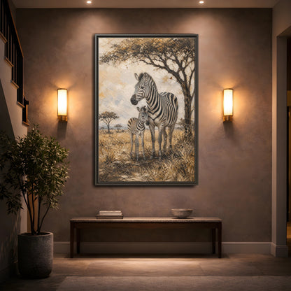 Mockup 2. Animals Zebra Family Brown And Beige Zebras shown as stretched canvas wall art