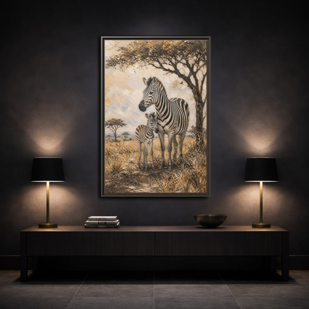Mockup 3. Animals Zebra Family Brown And Beige Zebras shown as stretched canvas wall art
